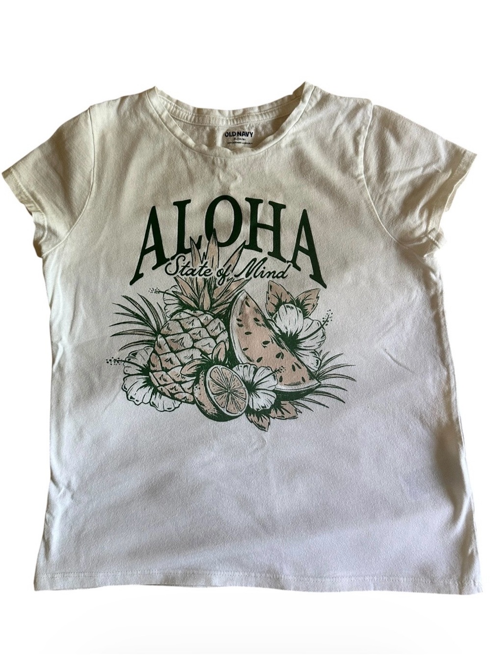 Old Navy White Graphic Tee with Green Tropical 'Aloha' Print